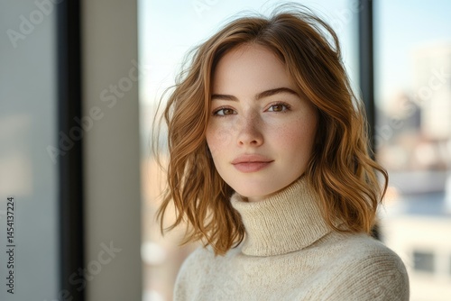 A young woman with shoulder-length wavy auburn hair, wearing a cream turtleneck sweater, looks directly at the camera. Free Download A young woman with shoulder-length wavy auburn hair, wearing a cream turtleneck sweater, looks directly at the camera. - GFXLoad