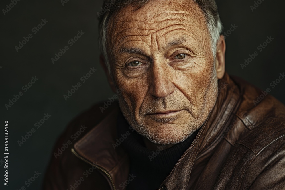Close-up portrait of a mature man with weathered face and intense gaze, wearing a brown leather jacket. Close-up portrait of a mature man with weathered face and intense gaze, wearing a brown leather jacket.