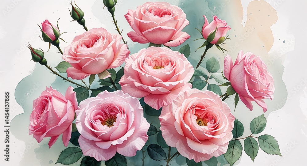 Soft pink roses in full bloom delicate petals on watercolor Soft pink roses in full bloom delicate petals on watercolor