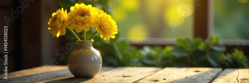 Wallpaper Mural Sunlit yellow ranunculus in vase, rustic wood table , picture, bouquet, bright Torontodigital.ca