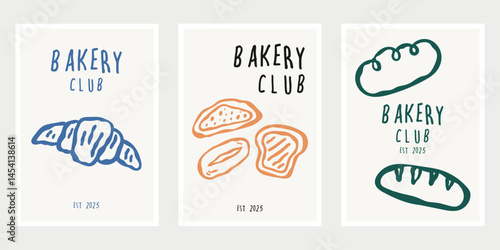 Hand drawn bakery poster. Set of minimal doodle bakery poster design template. Vector illustration