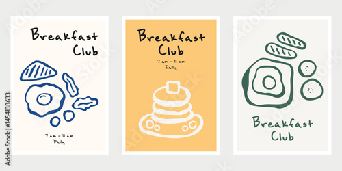 Hand drawn breakfast poster. Set of doodle food poster design template. Vector illustration