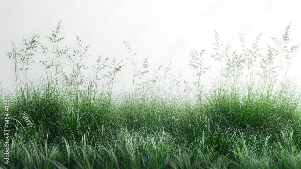 Fototapeta premium Green grass clumps and tall stalks on a white background; calm and serene