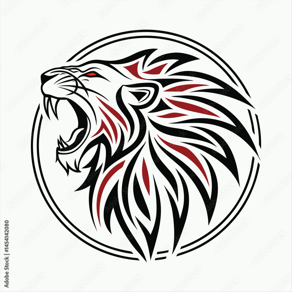 Tribal Roaring Lion Head Tattoo Design with Circular Pattern and Blue Accents. Tribal Roaring Lion Head Tattoo Design with Circular Pattern and Blue Accents.