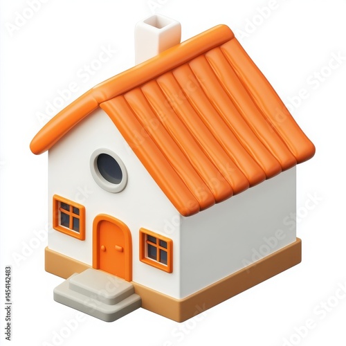 Wooden house model icon, a small residential building on white, signifies property sale photo