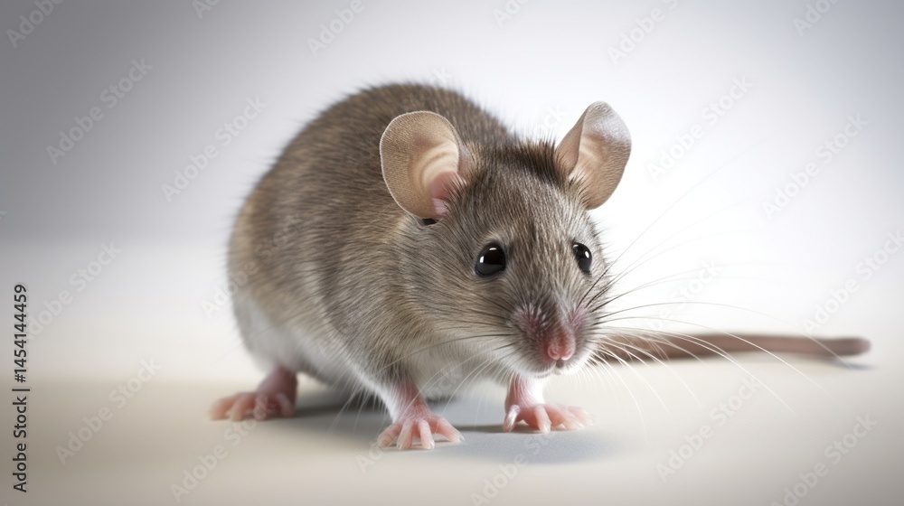 Close-up of a gray mouse. A small rodent with large ears, alert eyes, and a curious expression Close-up of a gray mouse. A small rodent with large ears, alert eyes, and a curious expression