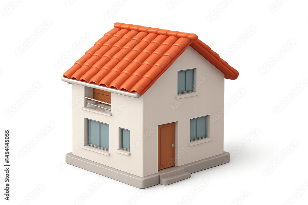 3D rendered small house with red tiled roof, white walls, and wooden door, isolated on white background for real estate or home concept 3D rendered small house with red tiled roof, white walls, and wooden door, isolated on white background for real estate or home concept