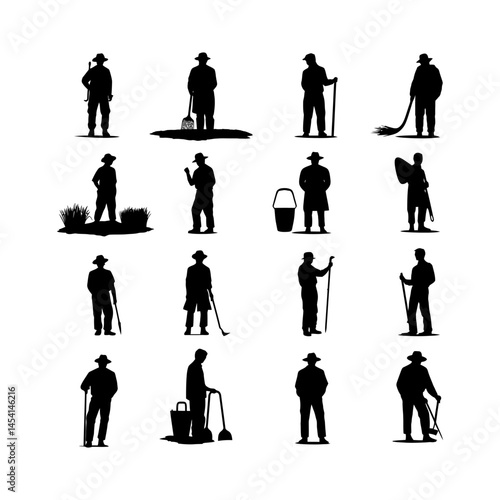 Farmer Silhouette Set Clipart on White Background