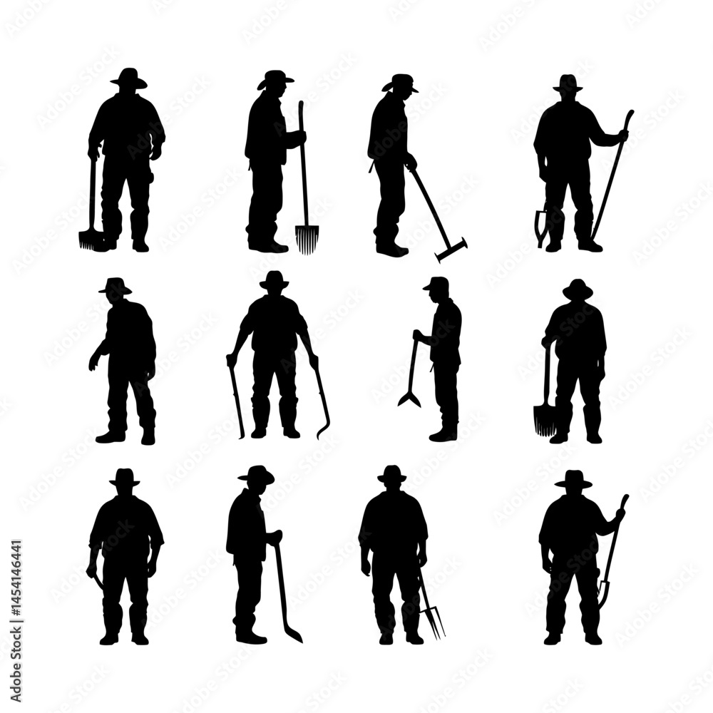Obraz premium Farmer Silhouette with Pitchfork Set Clipart