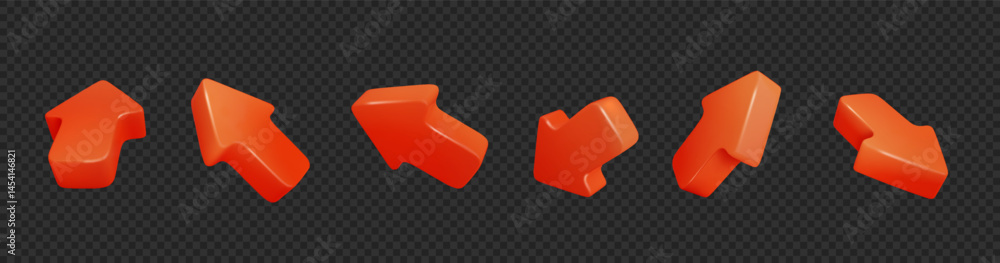 Red 3D arrow cursors isolated on transparent background. Mouse arrows pointing in different directions. Web interface vector realistic element. Red 3D arrow cursors isolated on transparent background. Mouse arrows pointing in different directions. Web interface vector realistic element.