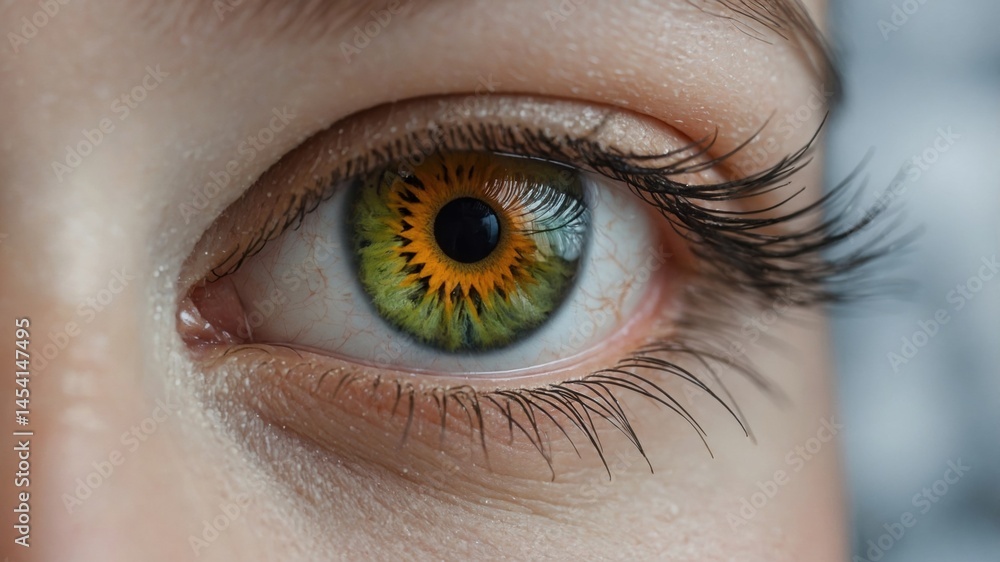 Fototapeta premium Close-up shot features striking green, yellow iris of human eye, alongside distinct eyelashes and visible capillaries