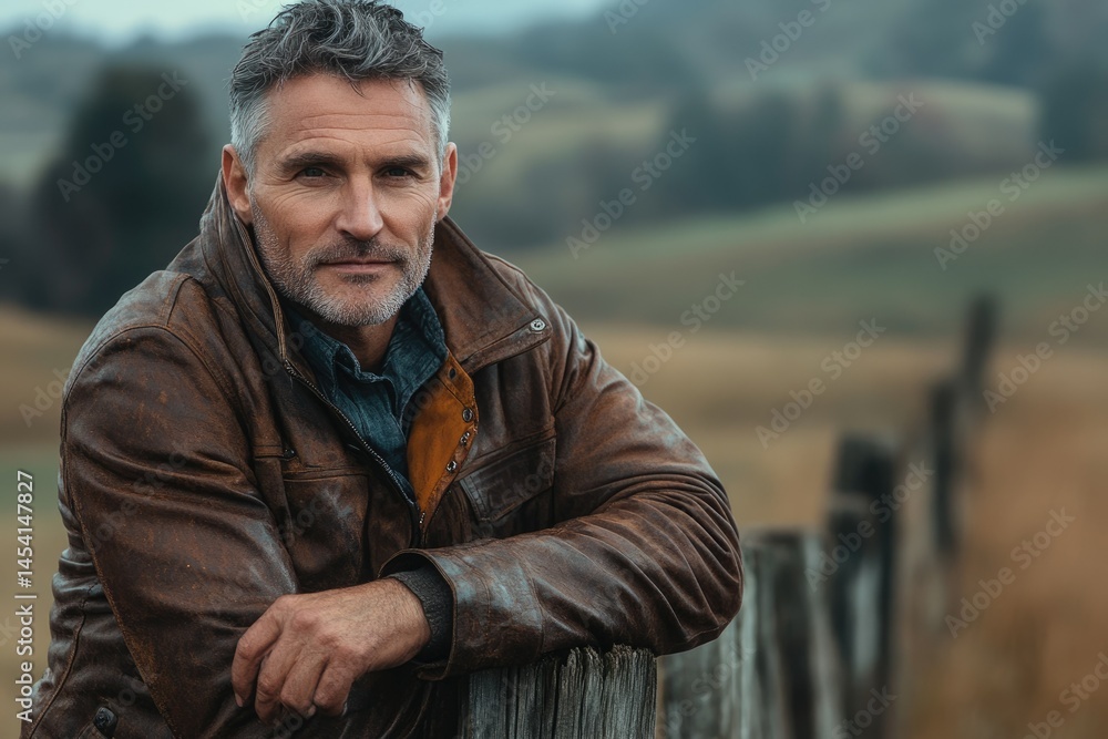 A middle-aged man with graying hair, wearing a brown leather jacket, stands by a fence in a rural landscape. A middle-aged man with graying hair, wearing a brown leather jacket, stands by a fence in a rural landscape.