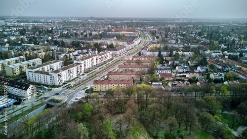 View of Munich from above, from Westpark. A cloudy day, a gray horizon. Aerial View, Drone.