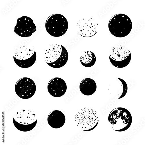Moon Silhouette with Craters Set Clipart on White Background