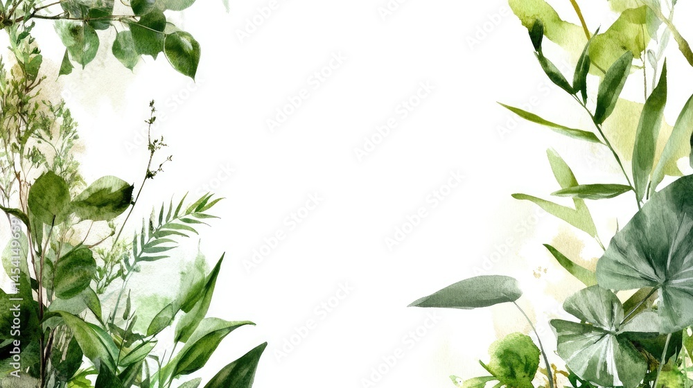 Fototapeta premium Gentle watercolor foliage with soft greens, browns, and yellows forming an elegant frame