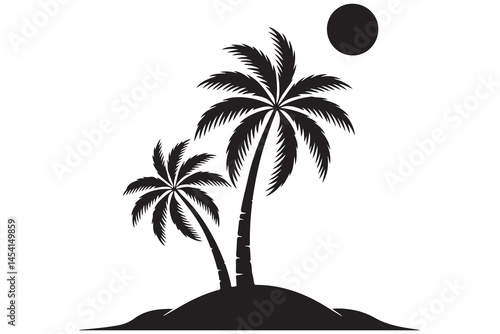 Tropical island paradise silhouette with palm tree and Sun
