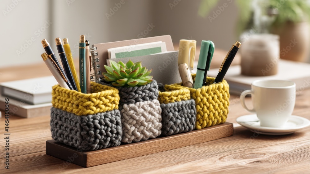 Handmade knitted desk organizer with stationery and succulent on wooden table Handmade knitted desk organizer with stationery and succulent on wooden table