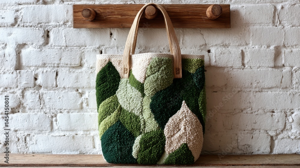 Stylish handmade green leaf tote bag with textured design on brick wall hook