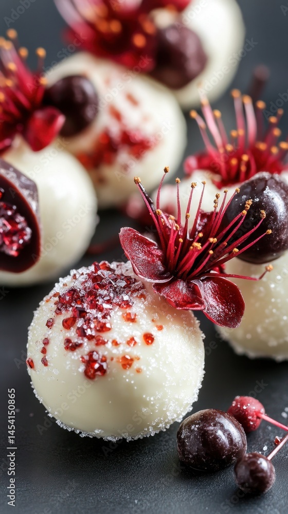 Elegant white chocolate truffles with red floral garnish and sugar crystals on black surface
