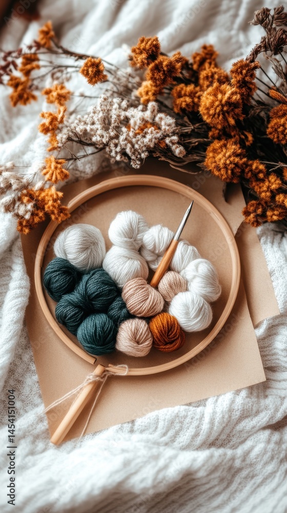 Cozy autumn knitting scene with assorted yarn and needles on soft textiles