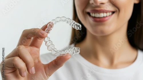 A woman proudly holds a clear aligner, smiling and showcasing her healthy teeth in a bright space