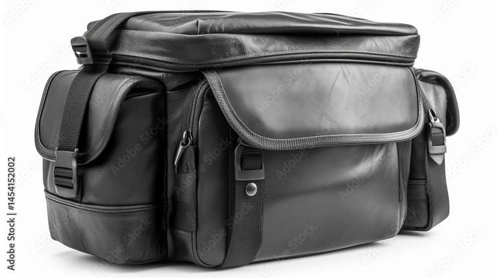 Naklejka premium Black leather camera bag with multiple compartments and straps (1)