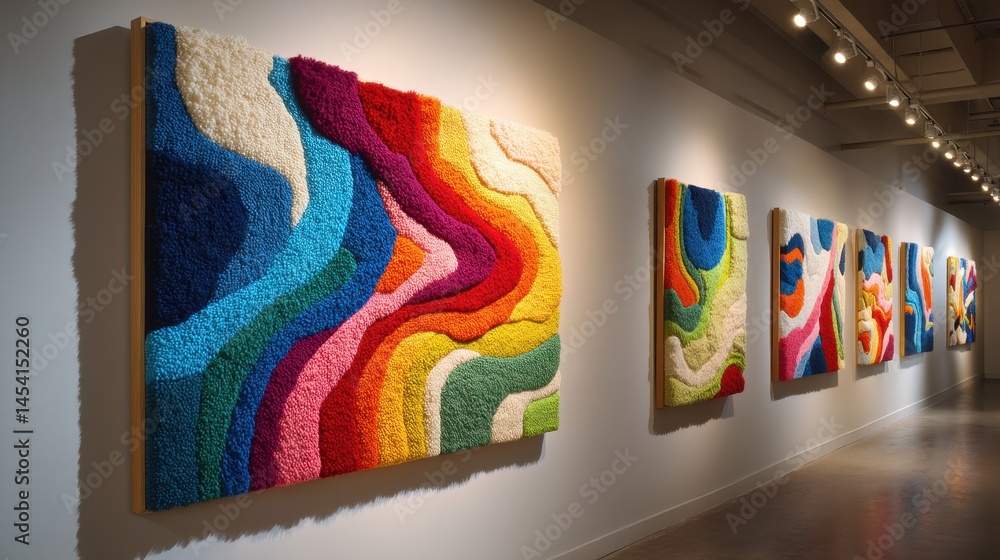 Fototapeta premium Colorful abstract textile art in contemporary gallery setting displaying vibrant texture