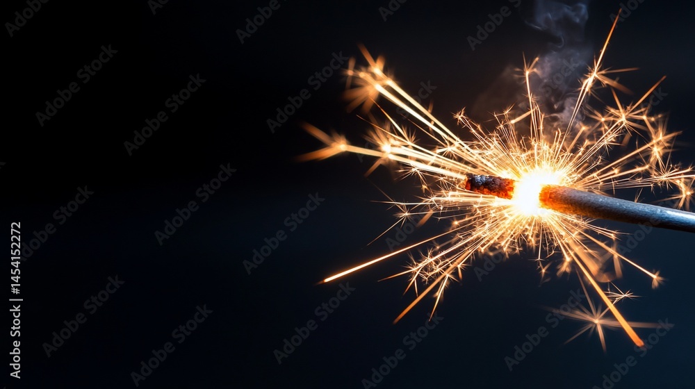 Close up of a burning sparkler, bright light, smoke on a dark background Close up of a burning sparkler, bright light, smoke on a dark background