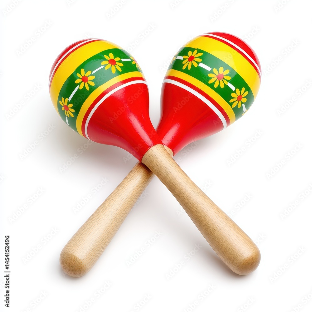 A pair of colorful maracas crossed over each other on a plain white surface view from above A pair of colorful maracas crossed over each other on a plain white surface view from above