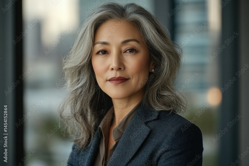Fototapeta premium Confident mature businesswoman with silver hair, dressed in a dark grey suit jacket, against a blurred city backdrop.