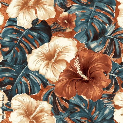 Tropical hibiscus flowers and monstera leaves pattern in earth tones