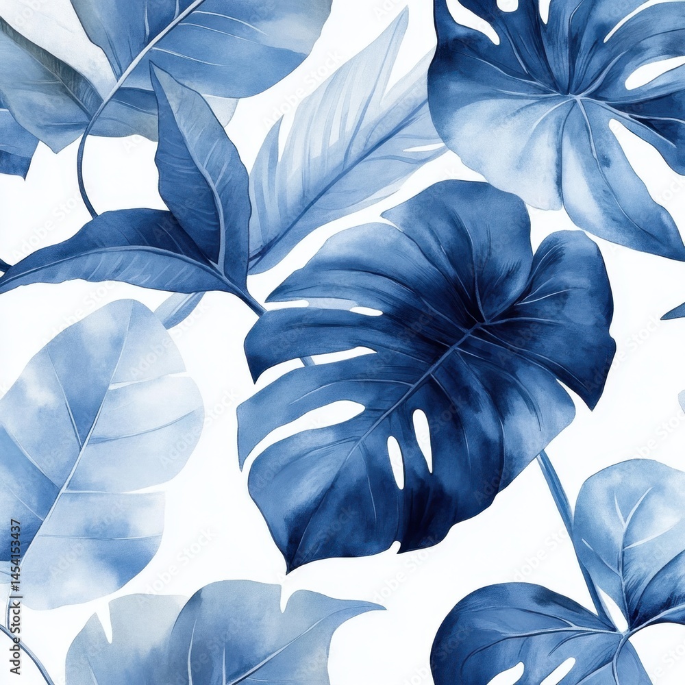 Seamless blue tropical leaves pattern on white background