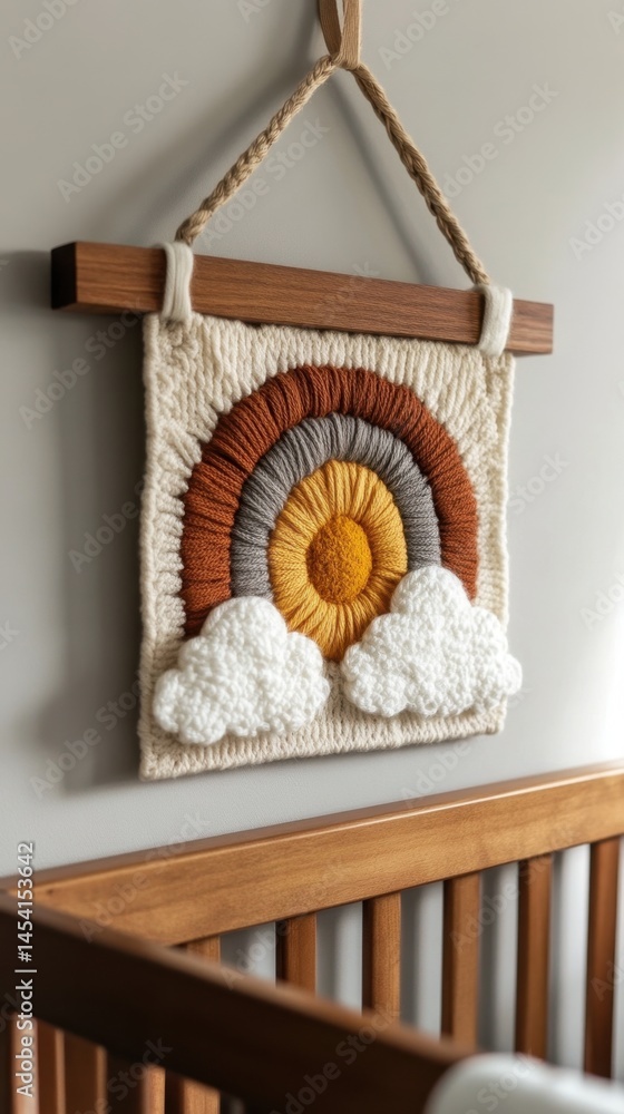Colorful yarn tapestry with sun and clouds hanging in nursery