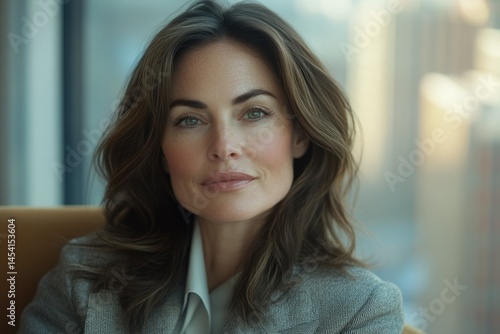 Free Download A woman with shoulder-length brown hair, wearing a gray blazer, looks directly at the camera with a serene expression. - GFXLoad