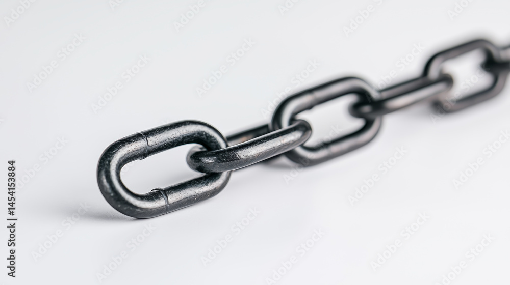 Fototapeta premium Close-up of a strong black metal chain link on a light background, symbolizing strength.