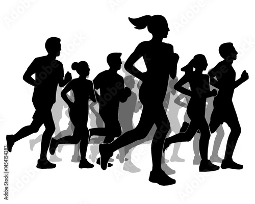 Silhouette of crowd of young people running, morning jogging, isolated icon on white background.	