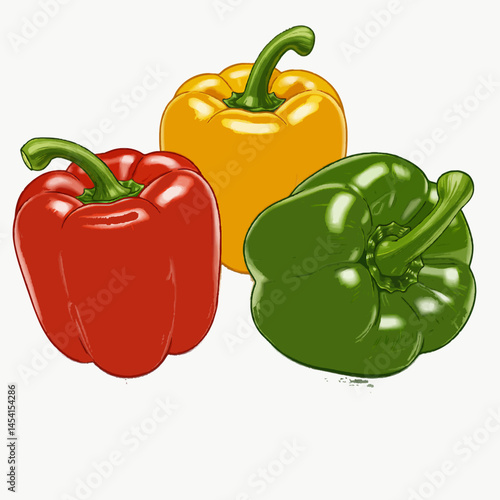A illustration of a colorful bell pepper trio (red, yellow, and green), placed on a white background.
