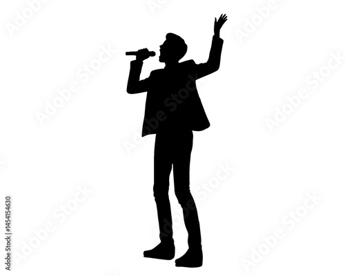 Silhouette of male singer singing, isolated icon on white background.