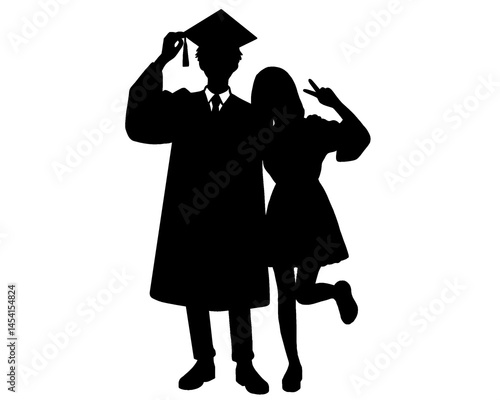 Silhouette of young people graduating, vector icon isolated on white background.