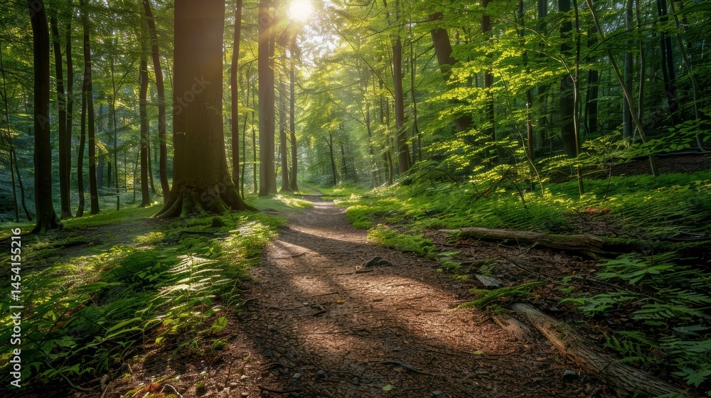 Obraz premium Sunlight Filtering Through Woodland Trail