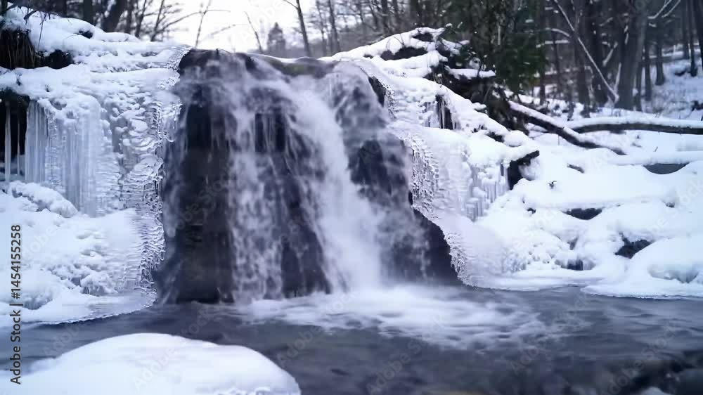 Winter waterfall flowing through icy landscape in quiet forest setting Winter waterfall flowing through icy landscape in quiet forest setting