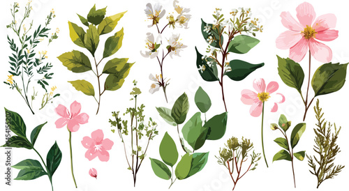 Set watercolor elements of pink roses; collection garden flowers; leaves; branches. Botanic Wedding floral design. Collection of greenery leaf plant forest herbs tropical leaves.	