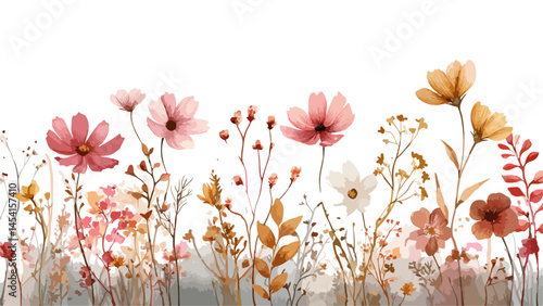 Cute horizontal banner with hand drawn blooming flowers. set of cherry flowers in full bloom, symbol for spring, design