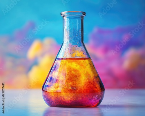 Erlenmeyer flask filled with vivid orange liquid on a colorful backdrop