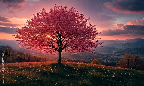 Wallpaper Mural A vibrant cherry blossom tree stands alone on a hill at sunset, surrounded by blooming flowers and rolling hills Torontodigital.ca