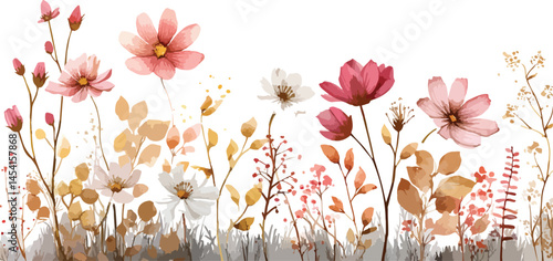 Flower and grass flat icon set isolated on white. Beautiful romantic flower collection with roses, leaves