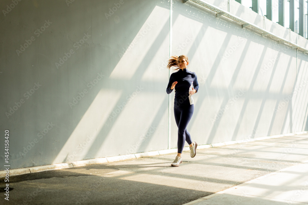 Jogger dashes along a sunlit pathway, shadows stretching across the ground in a bustling urban setting