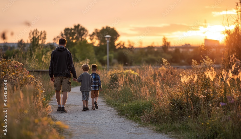 Fototapeta premium Father and sons walking at sunset along a scenic path.