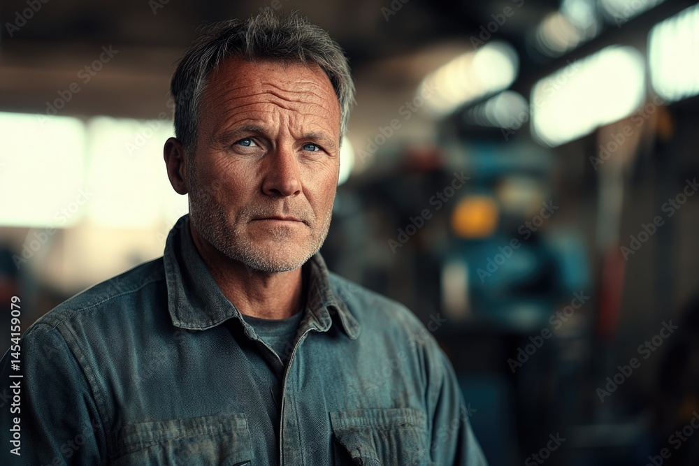 Obraz premium Portrait of a mature, weathered man in a workshop, conveying experience and resilience.