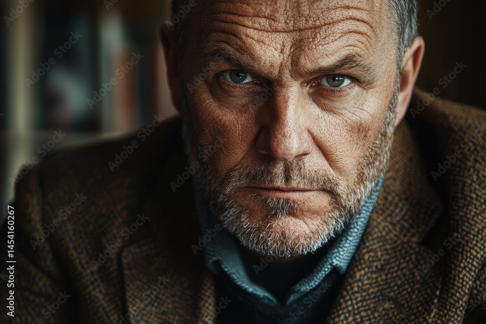 Close-up portrait of a serious, middle-aged man with a thoughtful expression. Close-up portrait of a serious, middle-aged man with a thoughtful expression.